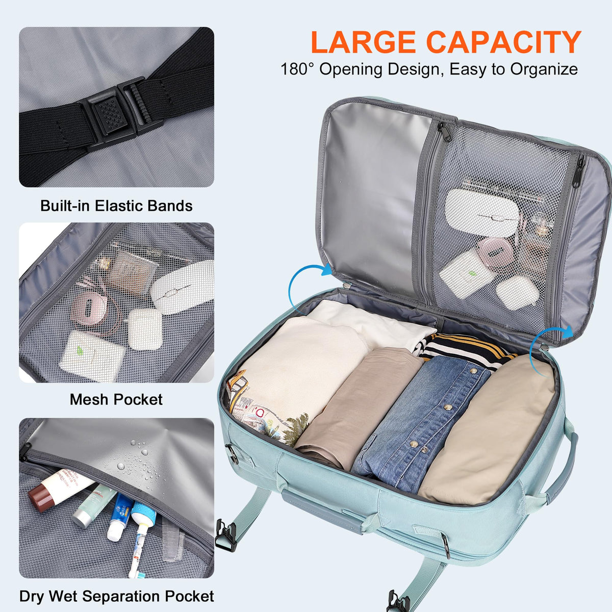 PIJUSHI Travel Backpack for Women Carry on Suitcase Backpack Flight Approved Personal Item Bag Fits 16 Inch Laptop(PE035 Blue)