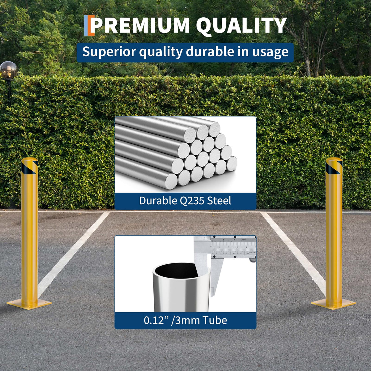 Heavy Duty Steel Safety Bollards 4 Pack, 42 Inch Bollard Posts with Reflective Tape & Anchor Bolts, Removable Parking Bollards for Warehouse, Garage, Parking Lot, Driveway, 4.5 Inch Diameter
