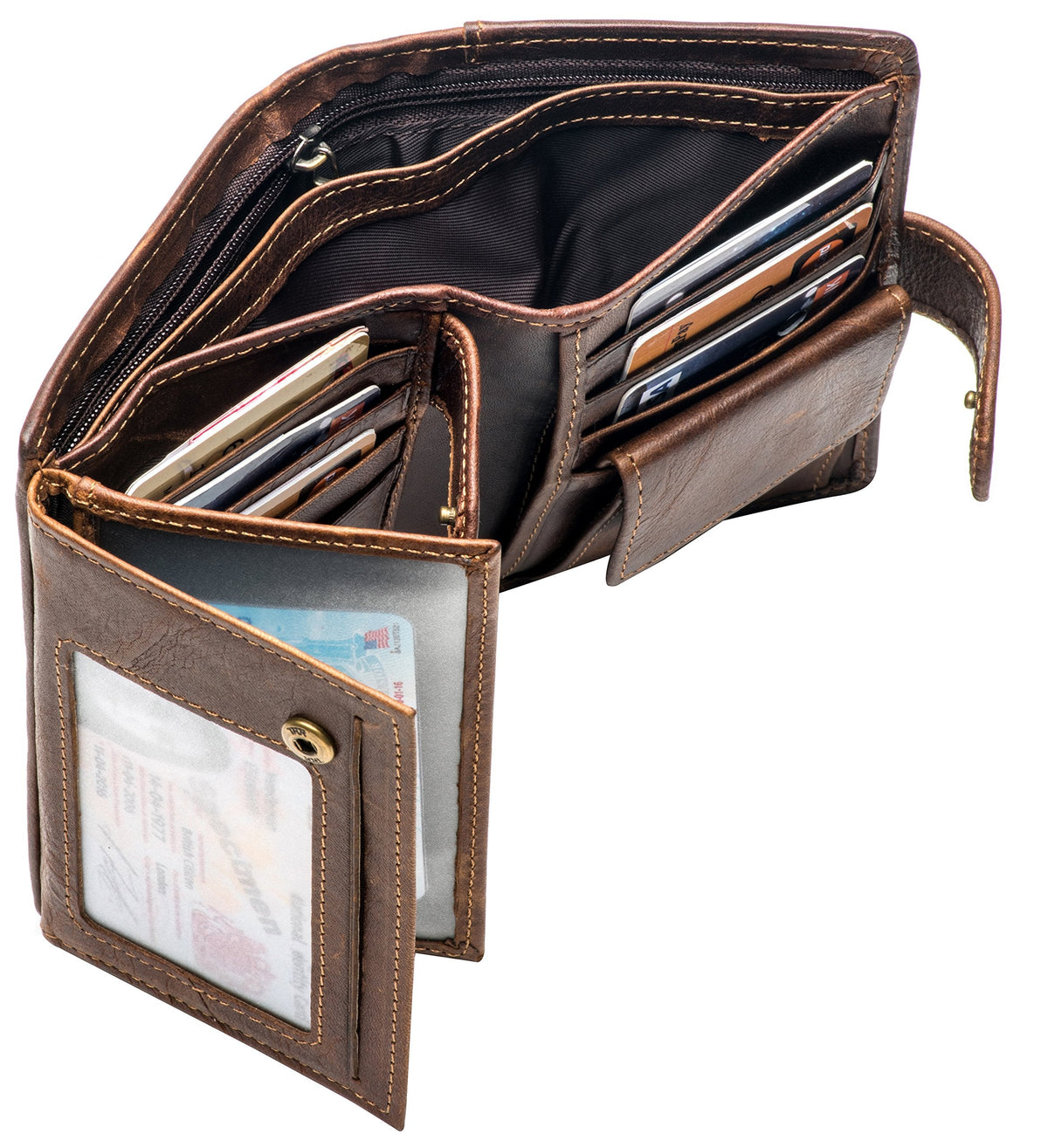 Plinvo Mens Large RFID Blocking Genuine Leather Wallet Trifold Card Holder with Snap Closure and 3 ID Windows (Coffee)