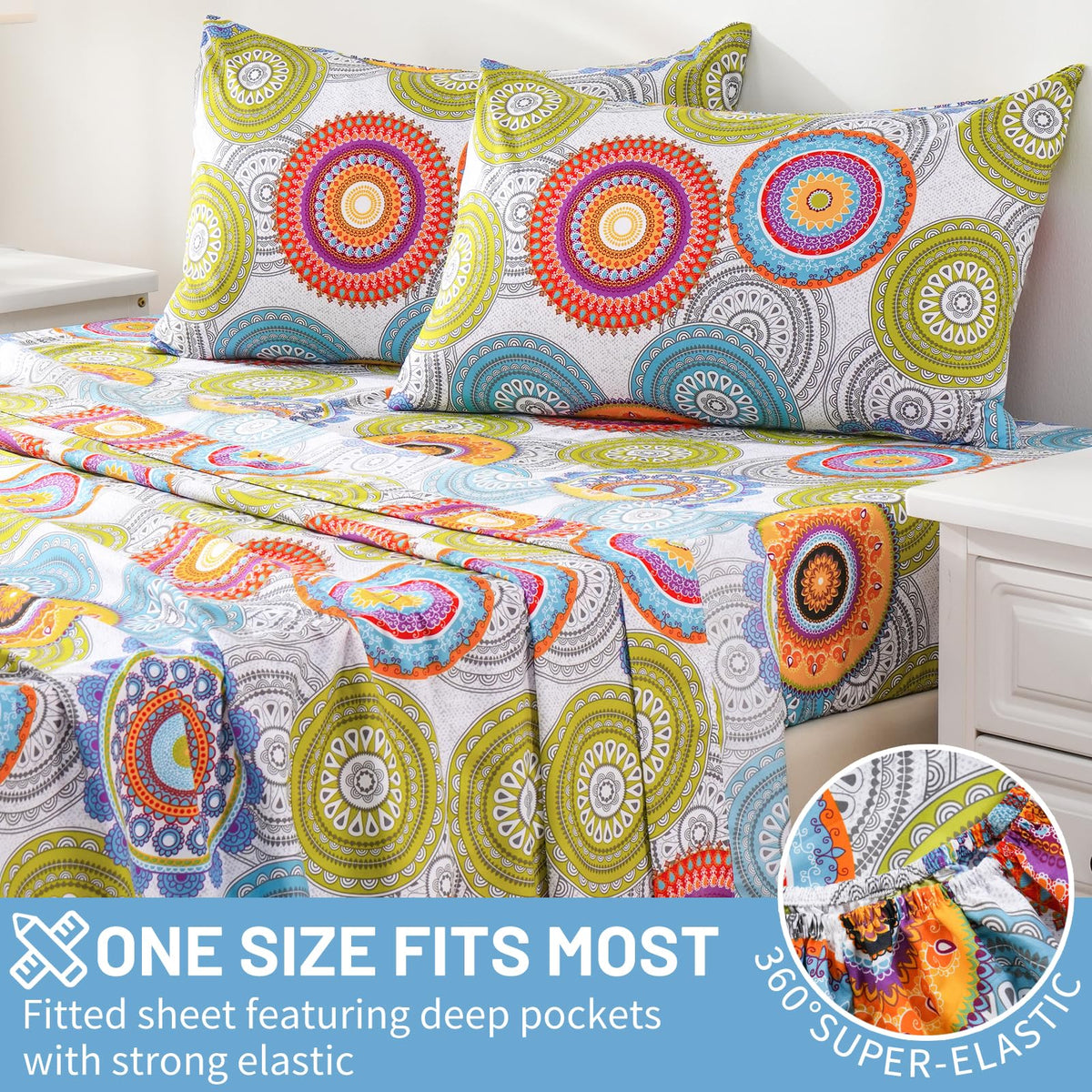 Bedlifes Queen Size Extra Deep Pocket Sheet Sets - Fits Mattresses Up to 18-24" Thick, 4-Piece Microfiber Set with 1800 Thread Count, Soft, Smooth, Breathable, Featuring Mandala Patterned