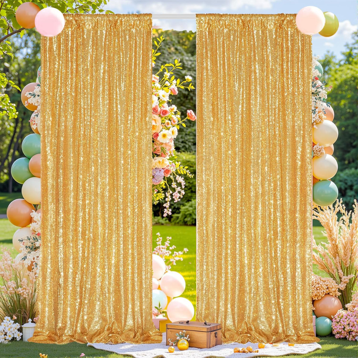 Fyledaee Gold Sequin Backdrop Curtains 2Panels 2x8ft for Party Photo Decor
