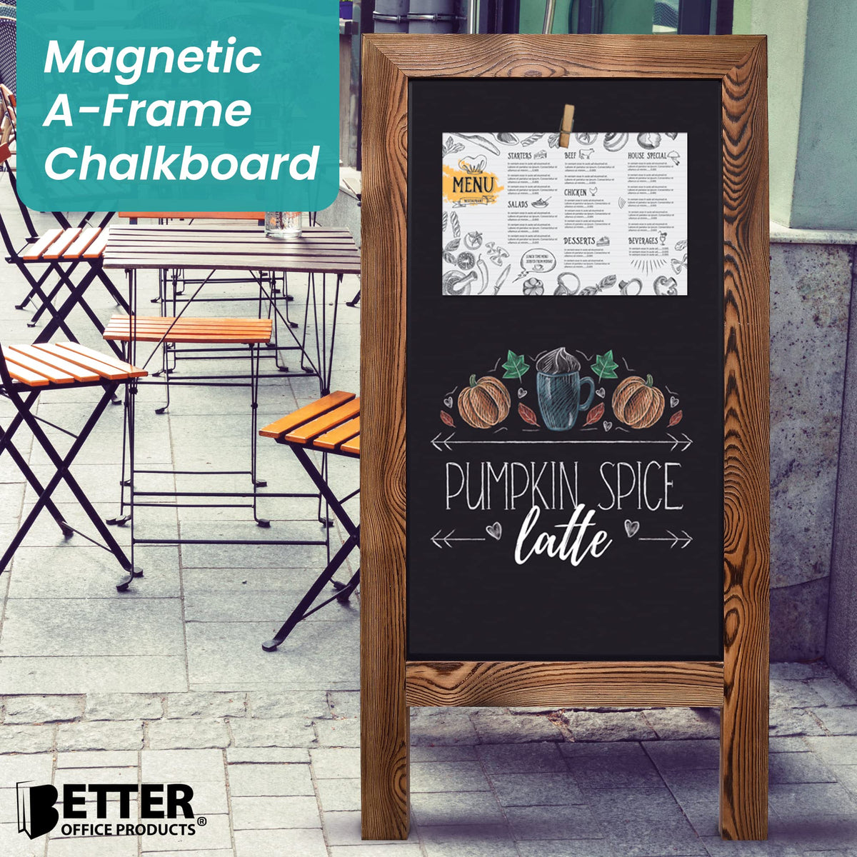 Better Office Products Magnetic A-Frame Chalkboard Sign, Extra Large 20" x 40", Standing Chalkboard Easel, Deluxe Set with Multiple Accessories, Outdoor Sidewalk Sandwich Board Sign,(Rustic Brown)