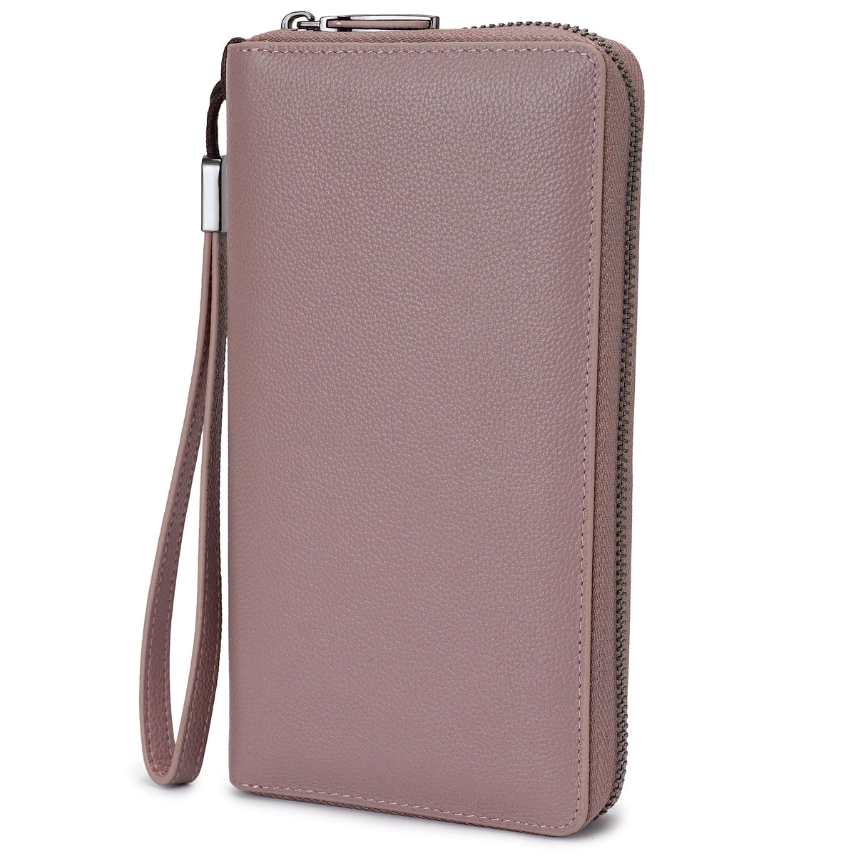 Bveyzi Women RFID Blocking Wallet Leather Zip Around Phone Clutch Large Capacity Ladies Travel Purse Wristlet (Dark Pink)