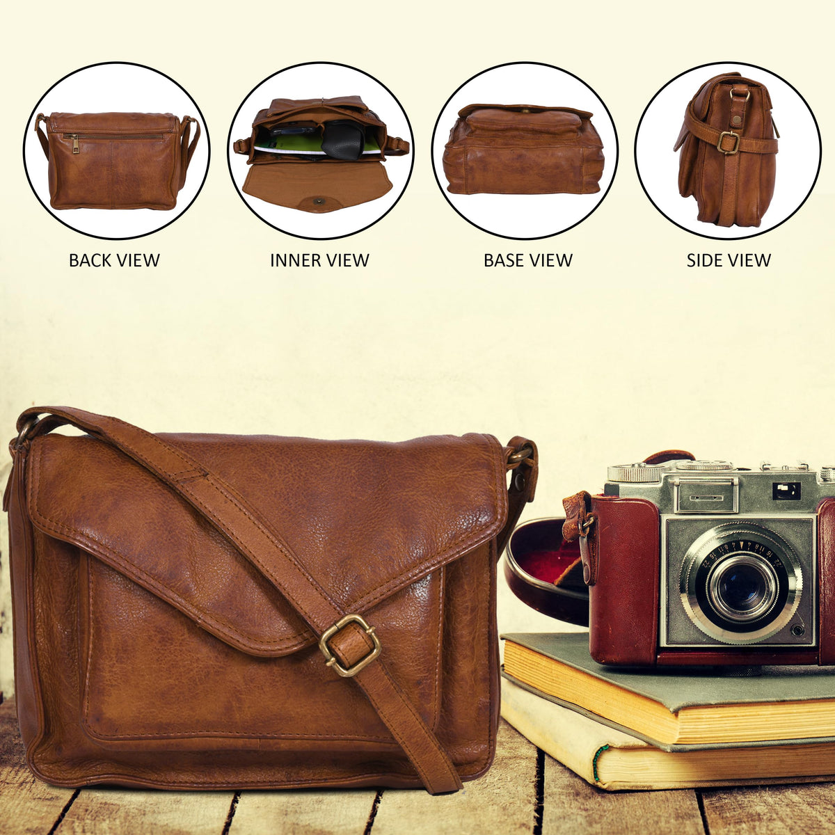 Leather Flapover Crossbody Handbag Purse for Women with Adjustable Strap & Overflap Snap Closure Tote/Bag (Tan wash)
