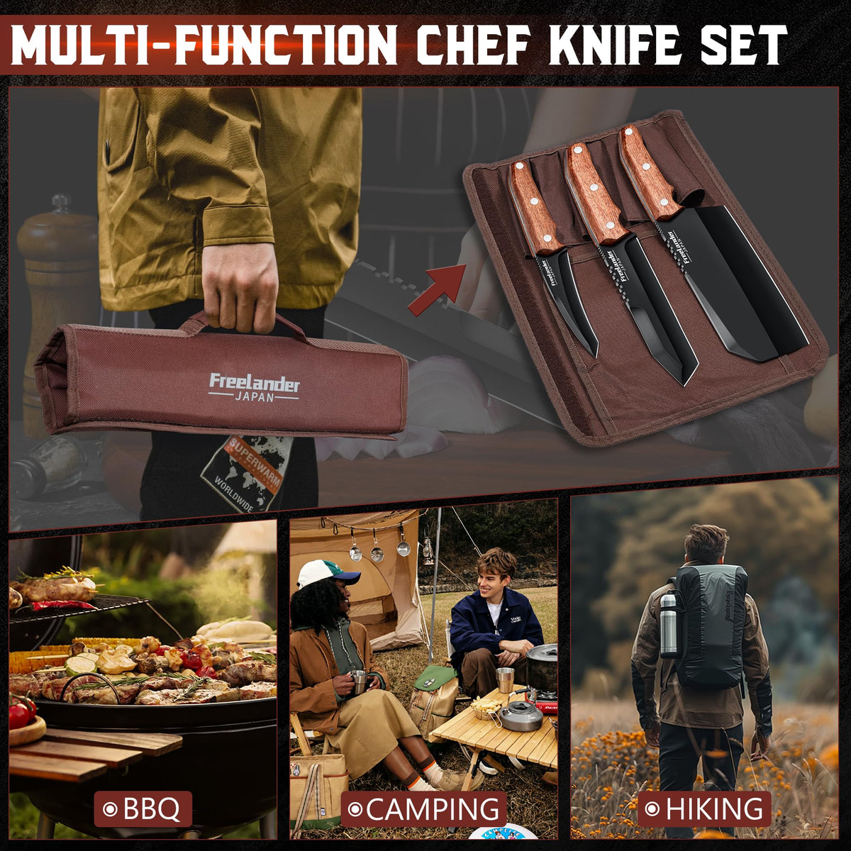 Freelander Butcher Knife Set 3 PCS, Japanese Chef Knife Set with Roll Bag, Full Tang Meat Cleaver for Kitchen & Camping & BBQ, Gift for Men