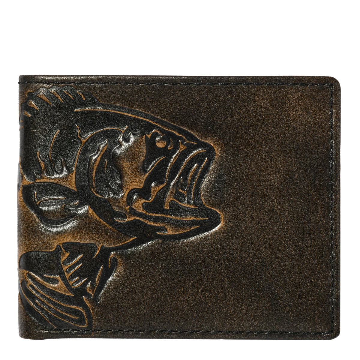 House of Jack Co. Bass Fish Double ID Bifold Wallet for Men, Full Grain Leather Bifold Wallet, 2 ID Windows, 10 Card Slots, Fishing Wallet, Black