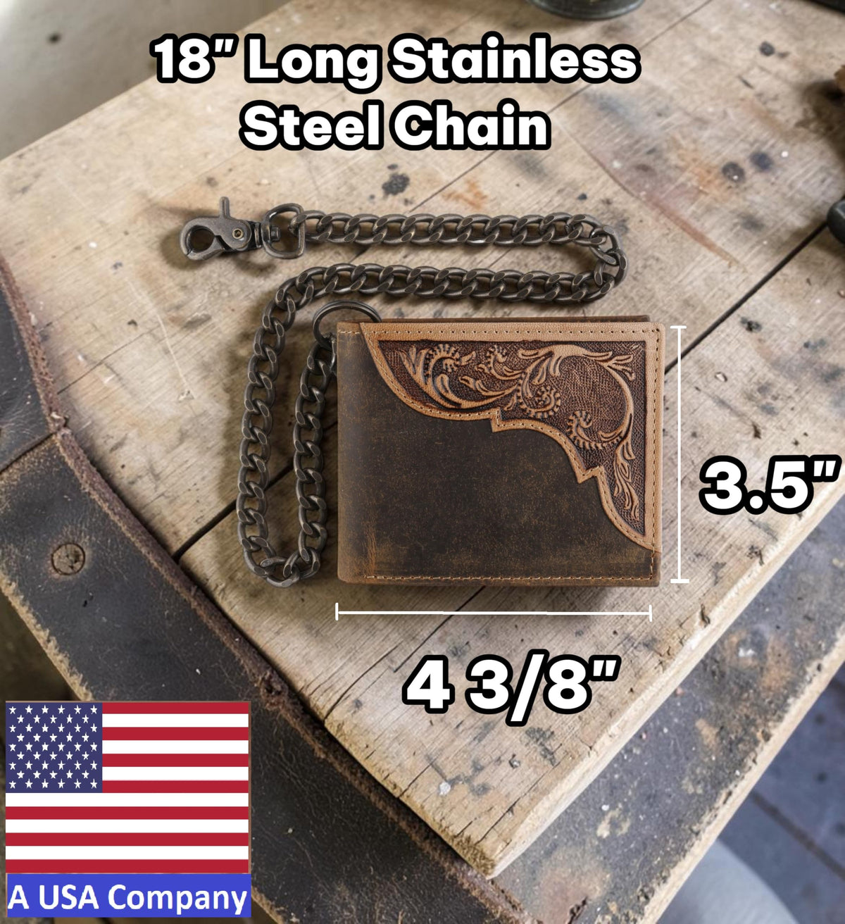 F&L CLASSIC RFID Blocking Mens bi-fold Style Cowhide Leather Steel Chain Wallet, brown western style,texas 83