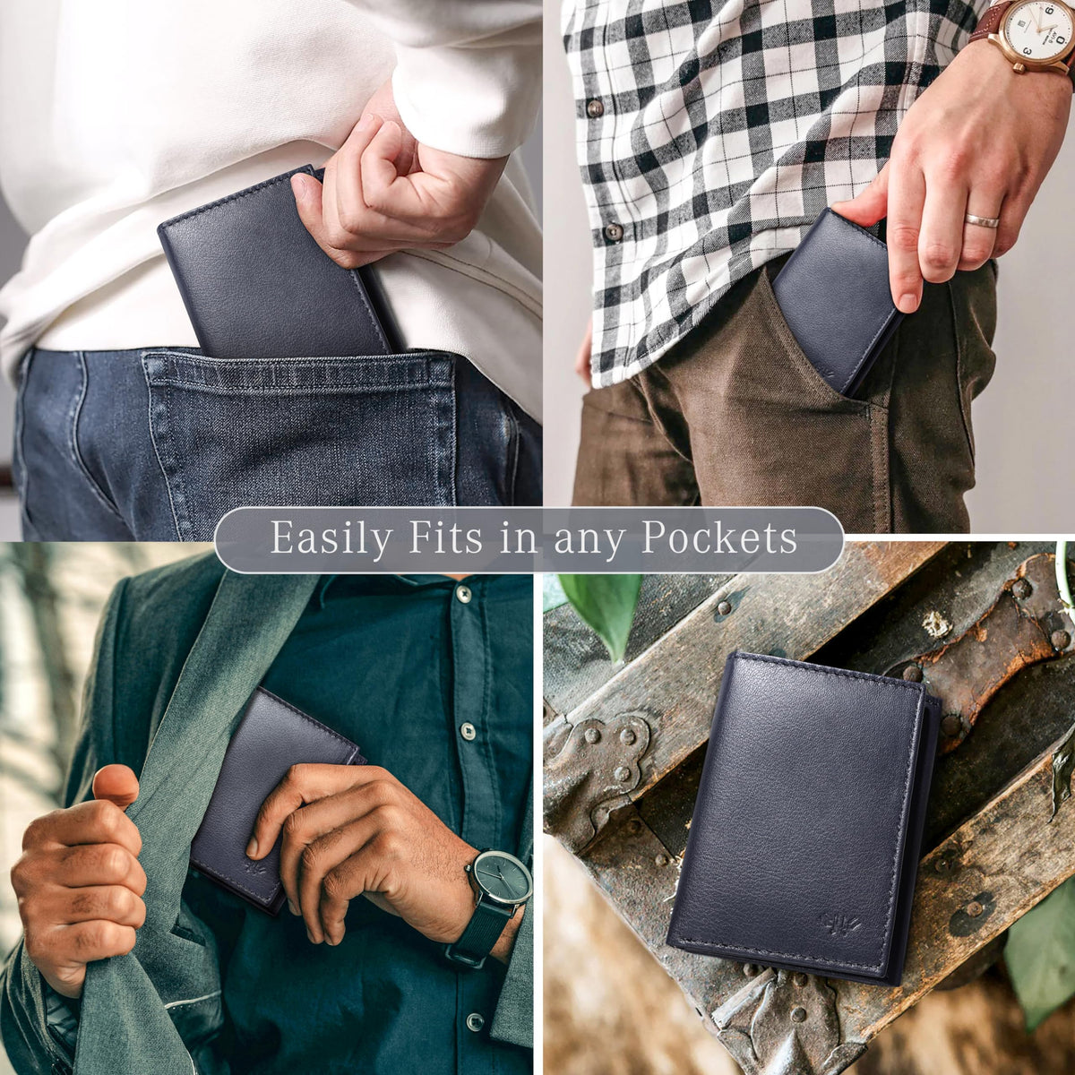LushLuxeoria Full Grain Genuine Leather Wallet for Men, Handcrafted Travel Wallet, Minimalist Slim Trifold Wallet, Anti-Theft RFID Blocking Wallet - Tri-fold - Navy