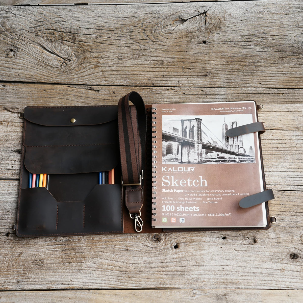Handmade Leather Sketchbook Cover, Leather Artist Sketch Pad Cover for 9" x 12" Sketchbook, Drawing Book and Pencil Case, Journal Notebook Portfolio, Artis Drawing Gifts (darkbrown)