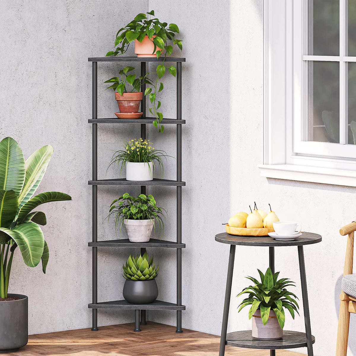 HOOBRO Corner Shelf Stand, Industrial 5-Tier Wall Corner Bookshelf with Metal Frame, Plant Display Shelf, Bookcase for Small Spaces, Bedroom, Living Room, Black BK33CJ01