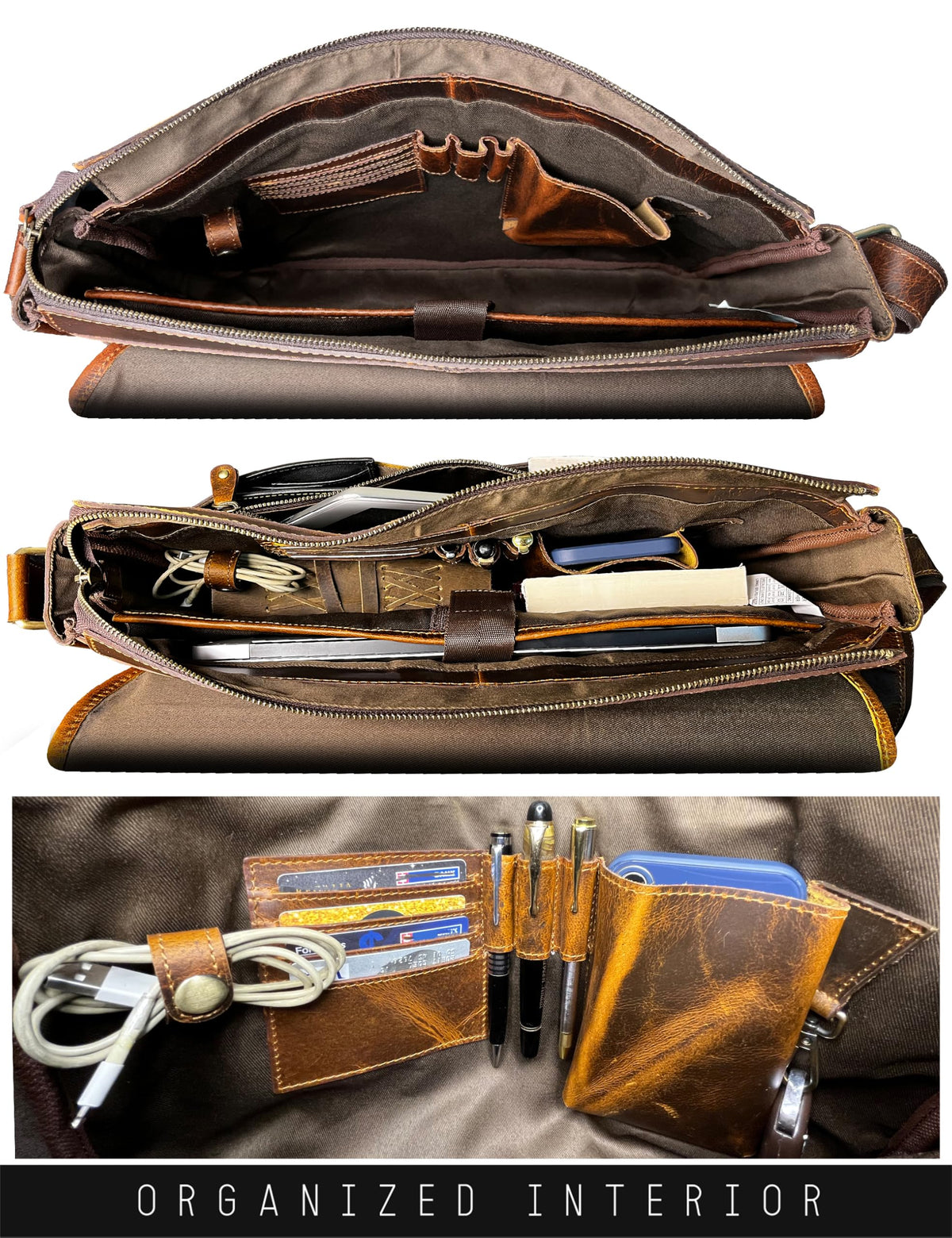 RUSTIC TOWN Leather Messenger Bag for Men Women - Full Grain Leather Laptop Satchel Office Shoulder Bag (16-Inch, Brown)