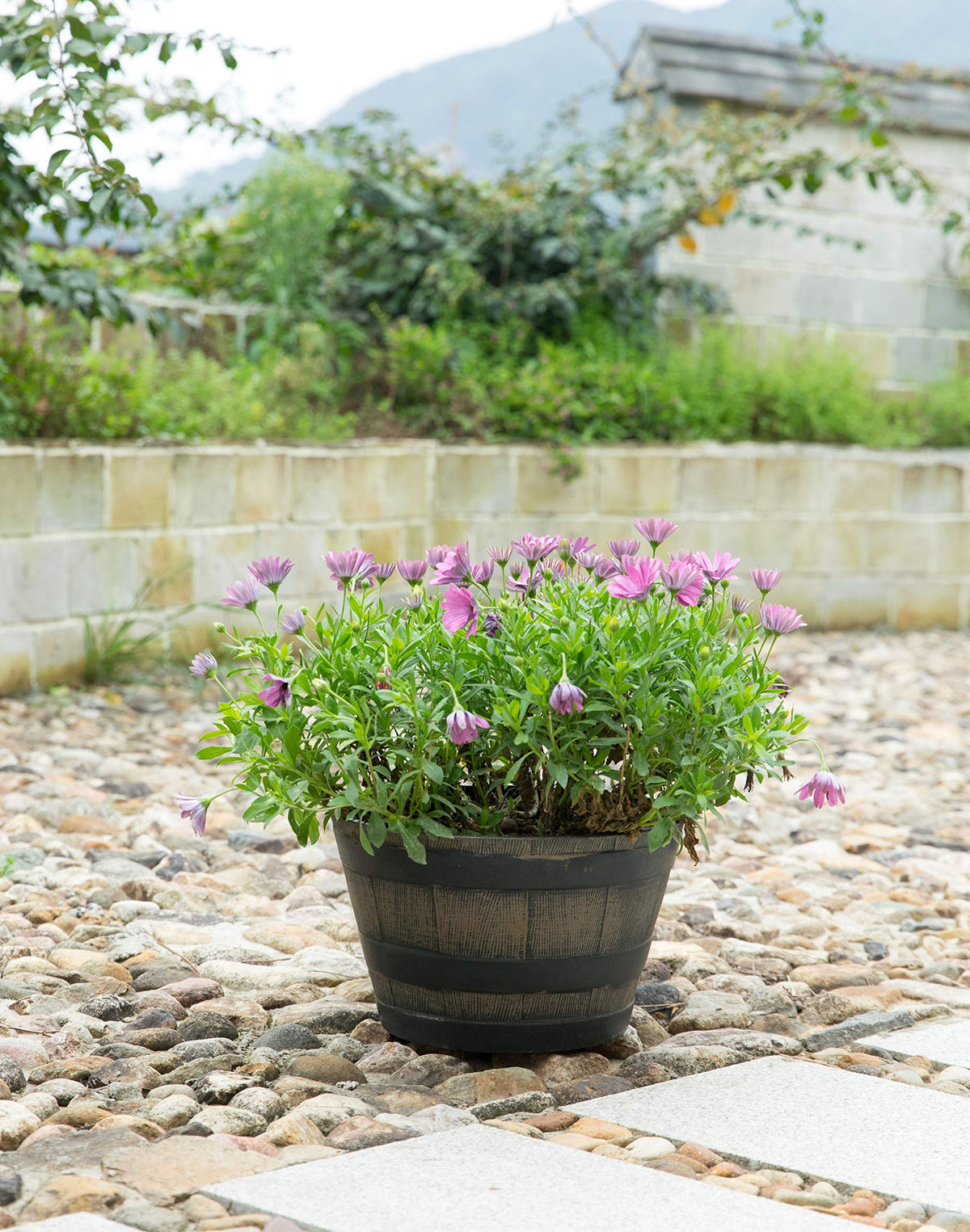 Gardenised Rustic Wood- Look Plastic Half Barrel Flower Pot Bucket Planter, Pack of 4