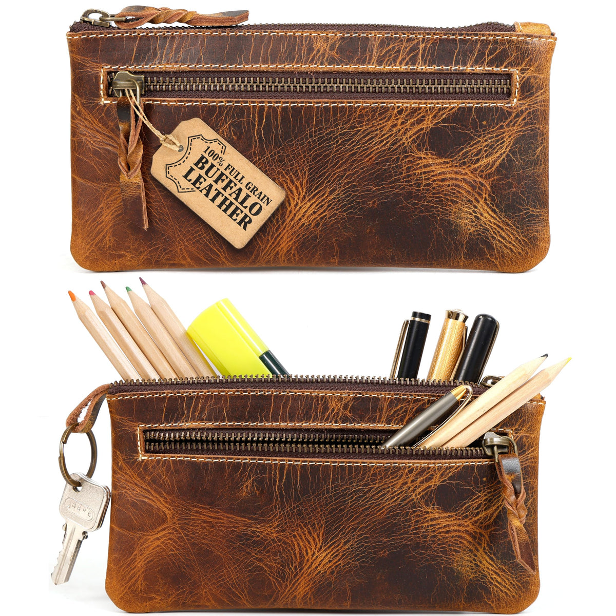 LEATHER TOWN Leather Pencil Case Pouch 8" x 4" - Leather Pen Case with Zipper (Antique Brown)