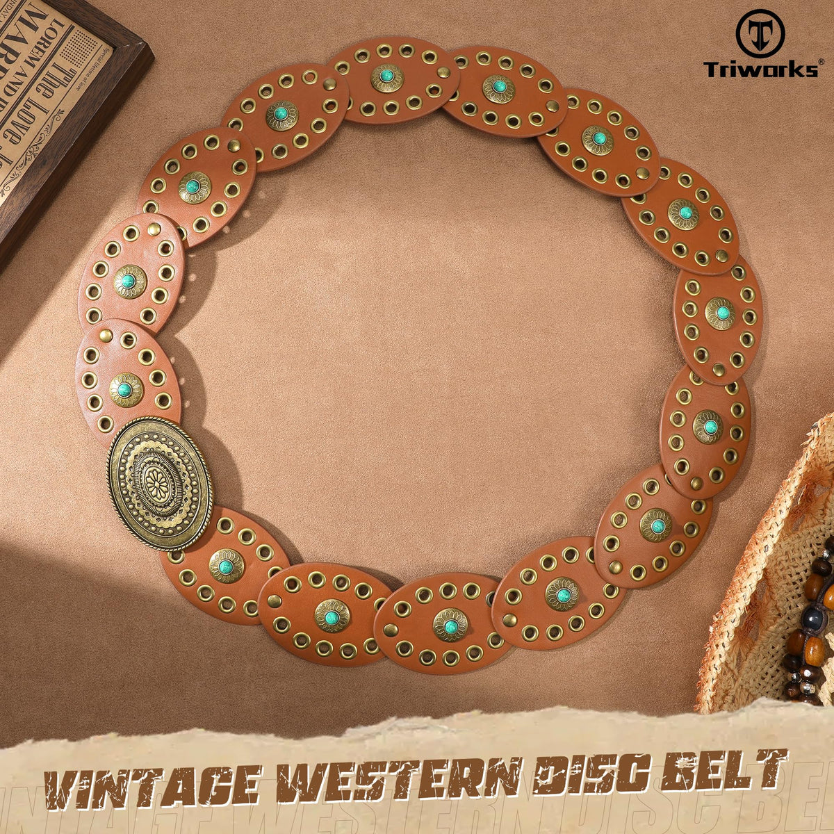 TRIWORKS Western Belts for Women Wide Cowgirl Disc Belt with Turquoise Boho Concho Leather Belt Country Belt for Dress