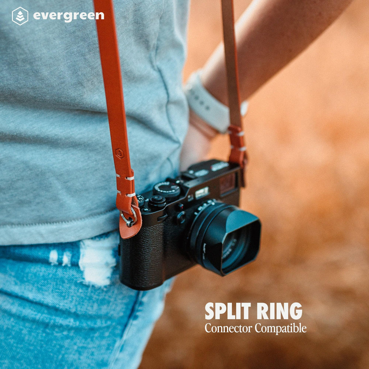 Evergreen Leather Camera Strap – Split Ring, 28 Inch Neck Shoulder Slim, Vintage Modern Design, Hand Stitched, Compatible with Fuji Sony Nikon Leica Canon (Tan)