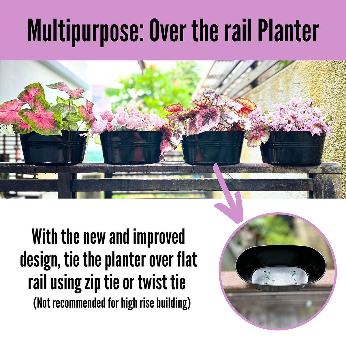 LaLaGreen Bundle - 4 Pack, 11.2 Inch Black + 4 Pack, 11.2 Inch White Rounded Metal Iron Hanging Flower Pot Wall Mount Window Box Plant Holder Deck Railing Fence Patio Porch Modern Garden Outdoor Decor