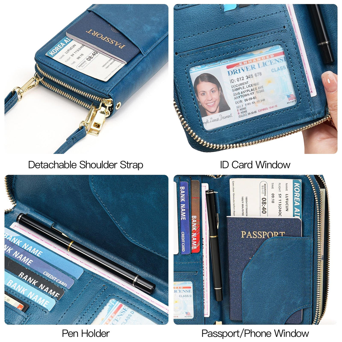 GOIACII Passport Wallet Travel Crossbody Bags for Women Wristlet Phone Purse Double Zip Vegan Leather Blue