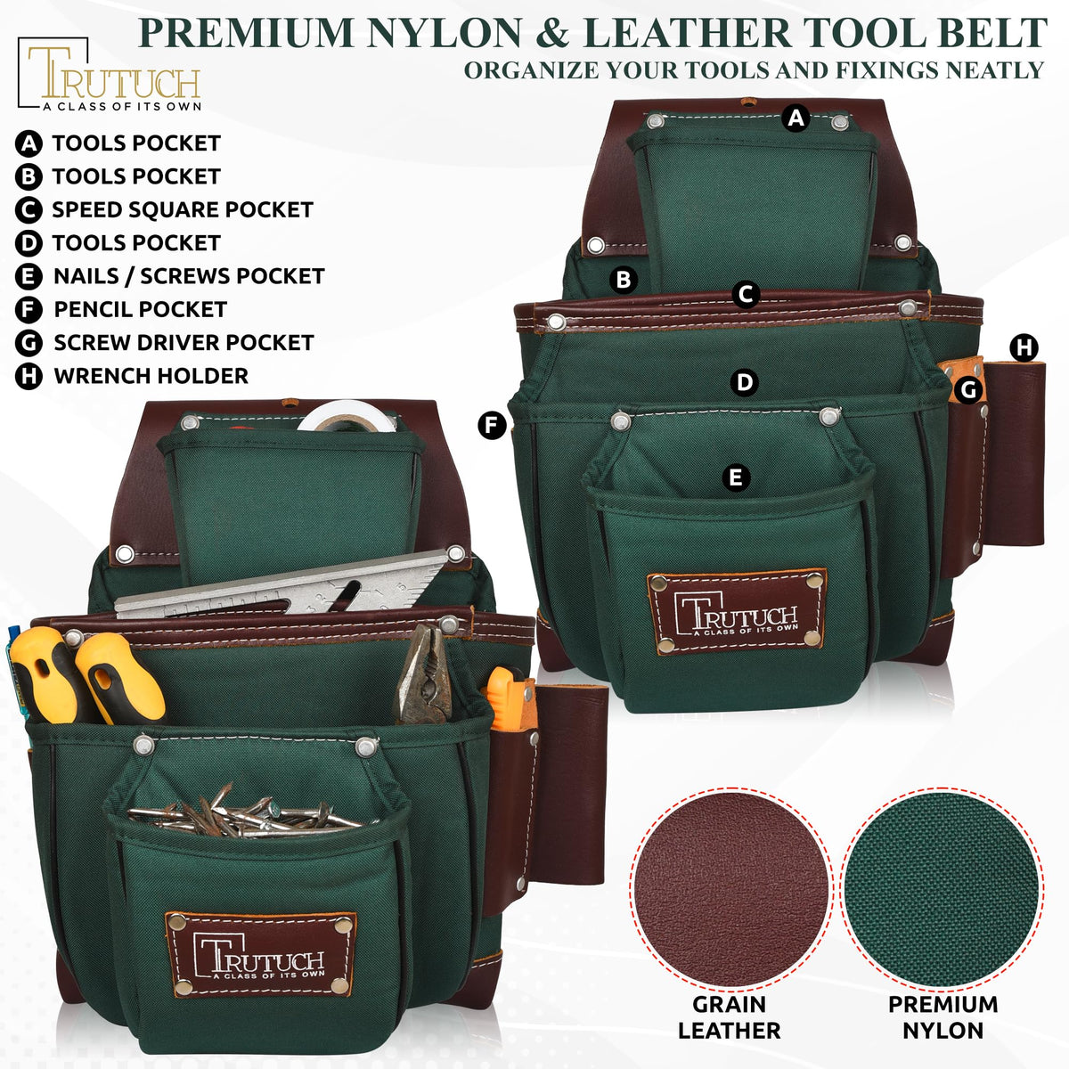 TRUTUCH Nylon and Leather Tool Belt | Framing Tool Bags/Pouch | for Carpenter, Construction, Framers & Electrician (Green)