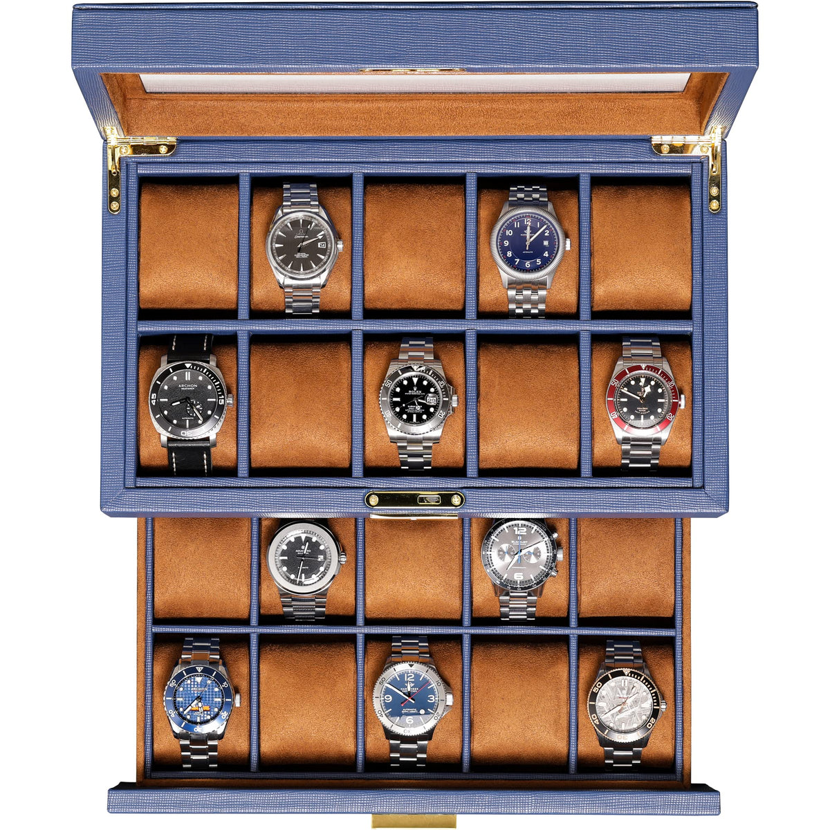 ROTHWELL 20 Slot Leather Watch box - Luxury Case Display Jewelry Organizer, - Locking Display Case Holder with Large Real Glass Top - Watch Box Organizer for Men and Women (Blue/Tan)