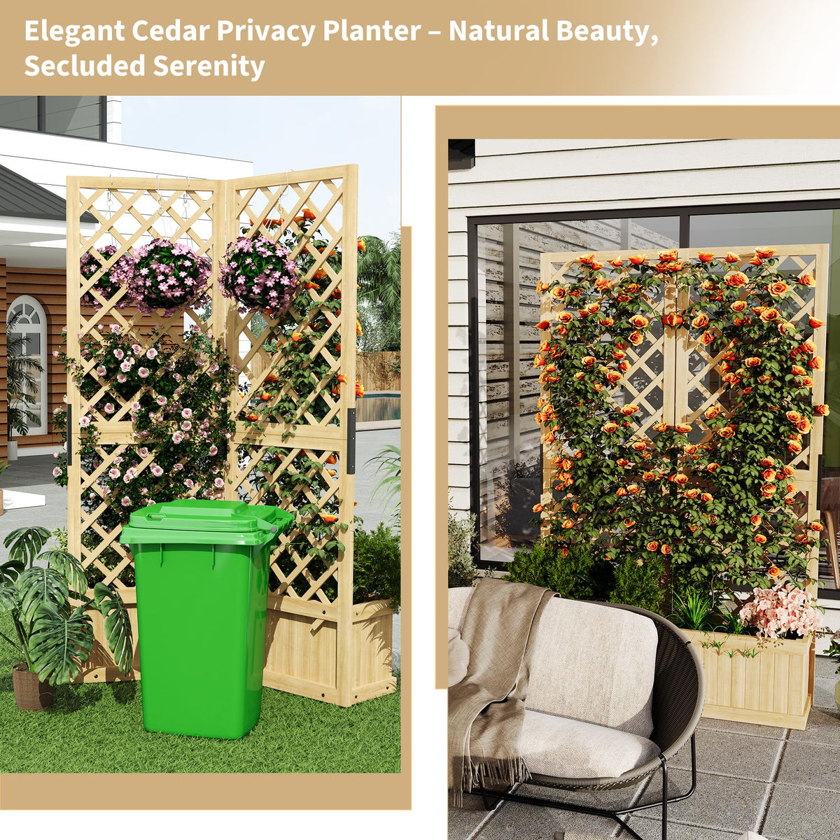 Cedar Privacy Screen with Planter Box - 2-Panel Freestanding Garden Fence, 41 in x10 in x65 in Tall Outdoor Divider with Drain Holes & Raised Bed for Patio, Deck & Backyard (Natural Wood)