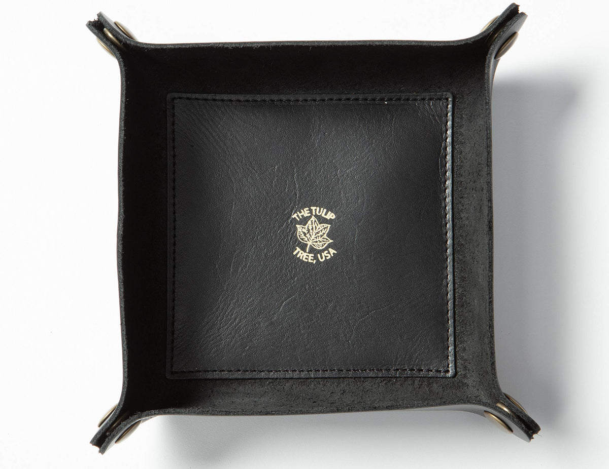 USA Handmade Premium Leather Valet Tray, Folds Flat! Dice Rolling Basket and Organizer with Brass Snaps - for Keys, Jewelry, Coin, EDC, Watch Storage Caddy - Black Medium