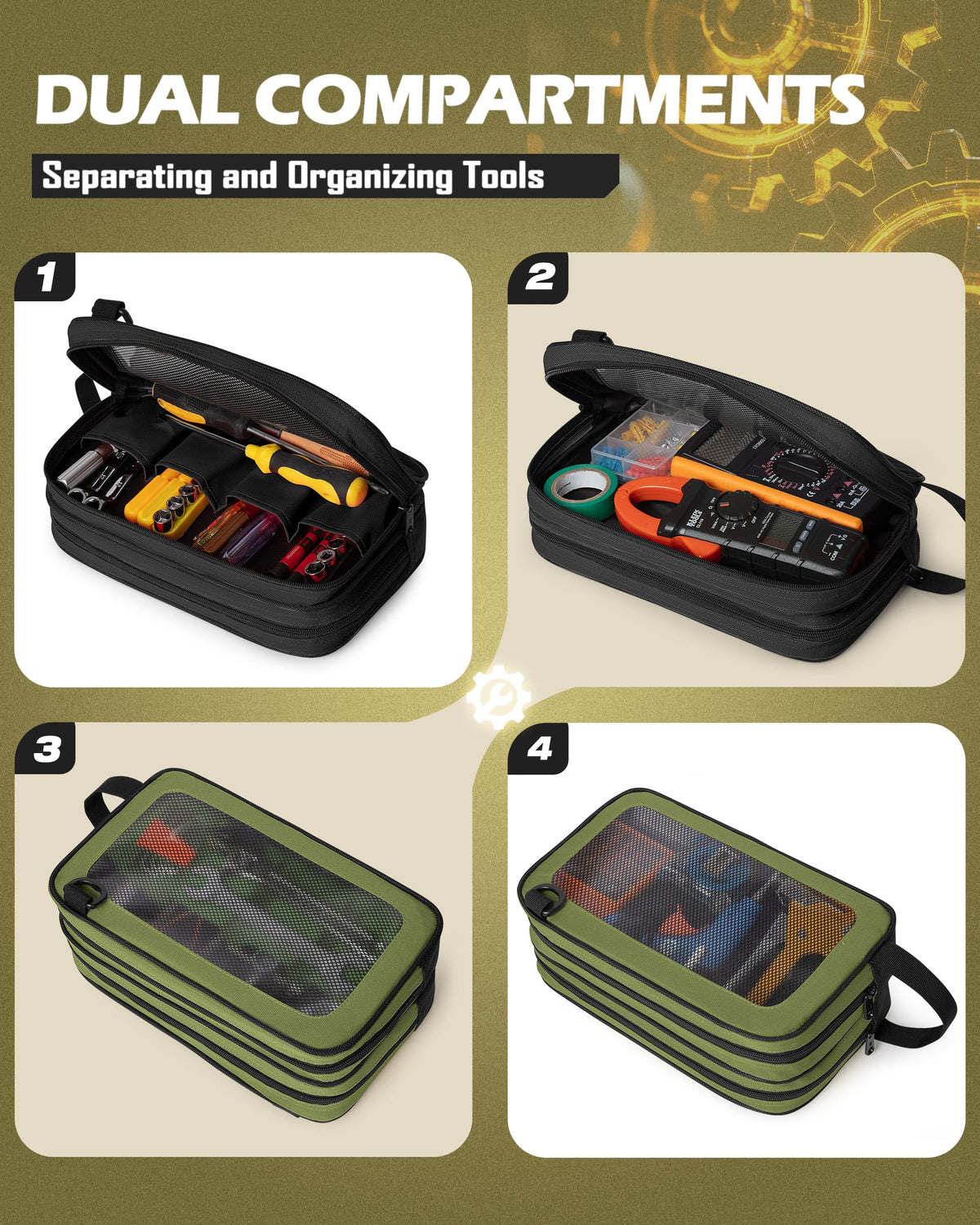 Marscamd 2 Pack Tool Pouch with Dual Compartments, 12” Tool Bag with Detachable Shoulder Strap, Carry Handle and Translucent Window, Black/Green