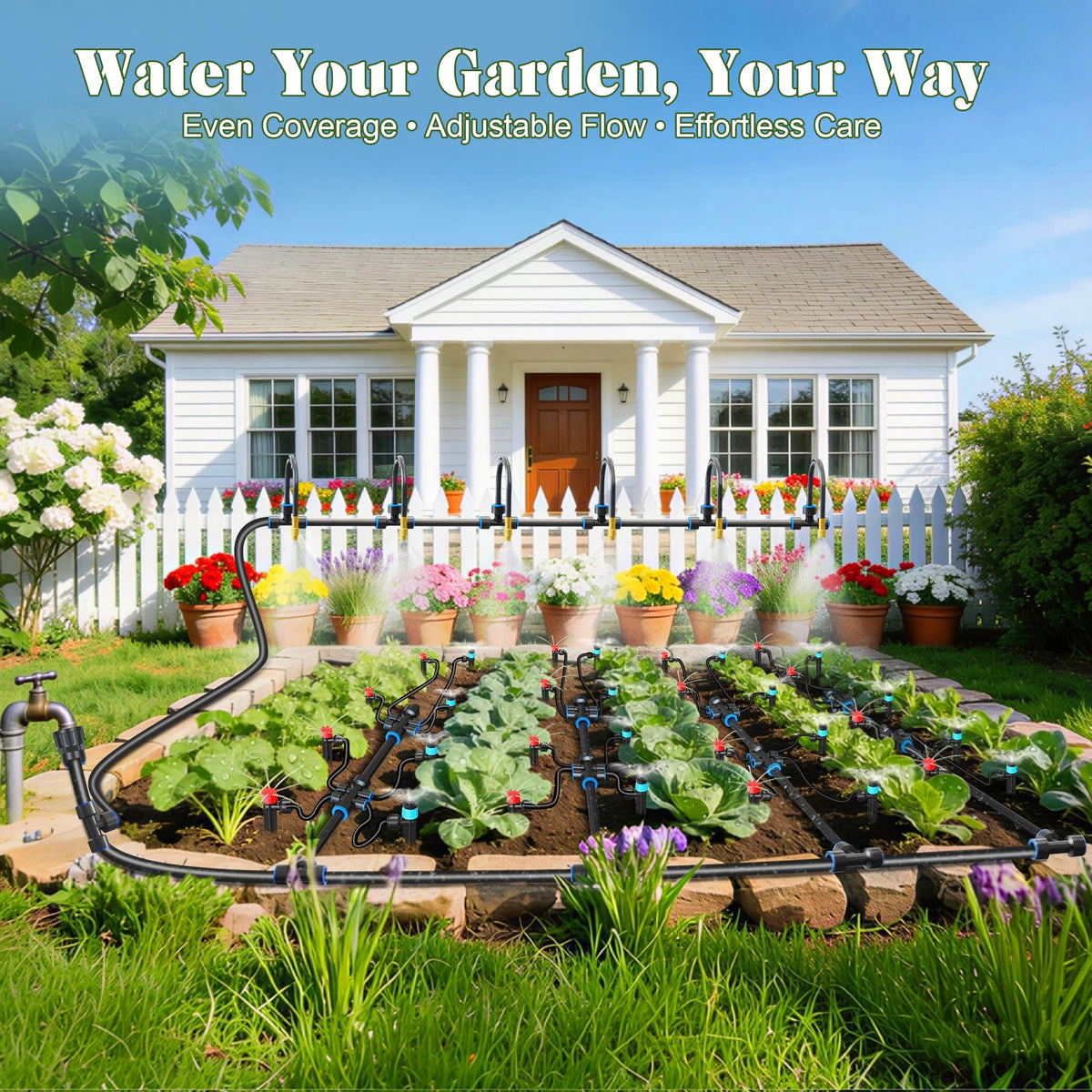 Drip Irrigation Kit for Garden, Automatic Watering System with Quick Connect Fittings, Adjustable Spray Nozzles, Water Saving Irrigation System for Yard, Greenhouse, Lawn & Potted Plants (106FT)