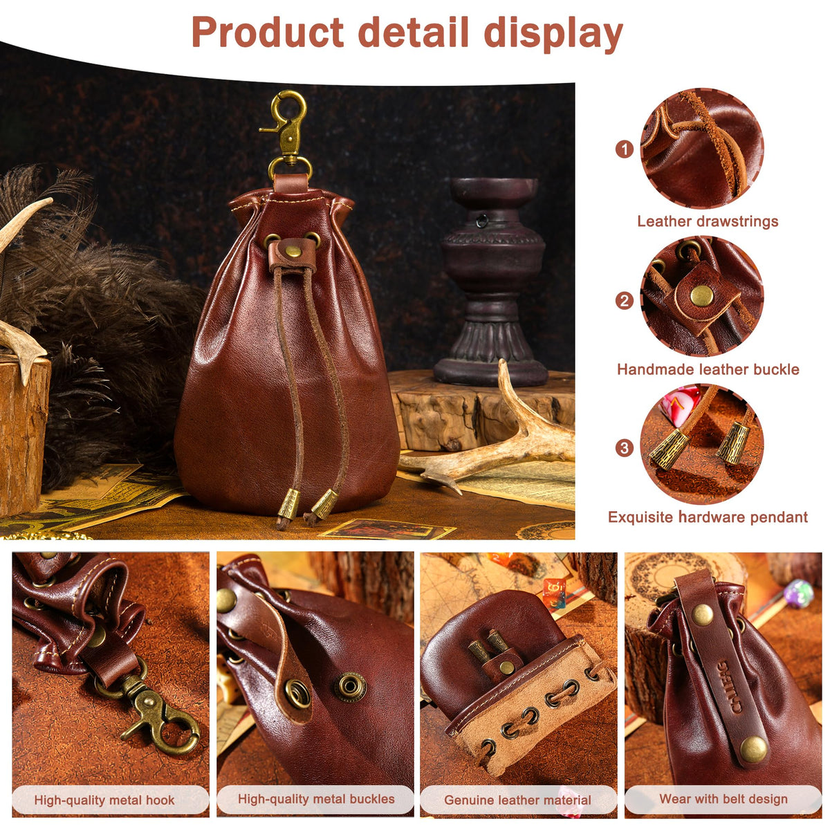 CHULEAG Vintage Medieval Drawstring Belt Pouch, FULL-GRAIN Leather, handmade, portable coin&dice purse with keychain. (Big)