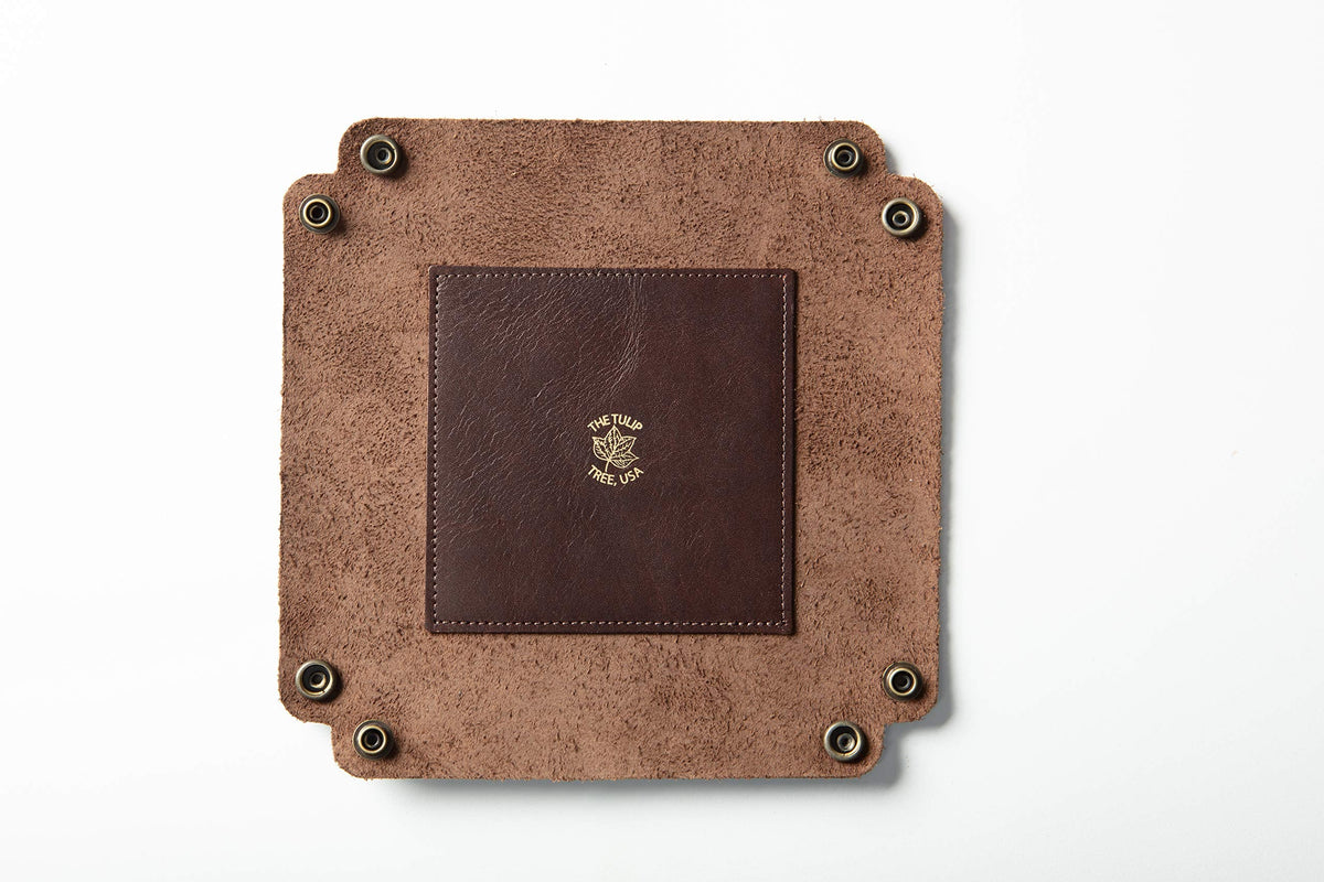 American Made Premium Leather Valet Tray, Folds Flat! Dice Rolling Basket and Organizer with Brass Rivets (Dark Walnut Brown, Medium)