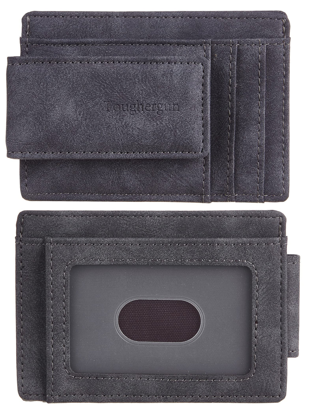 Toughergun Minimalist Wallet for Men with Magnetic Money Clip Leather Slim Wallet, Credit Card Holder RFID Blocking Front Pocket Holds Cash and Cards (Deep Grey)