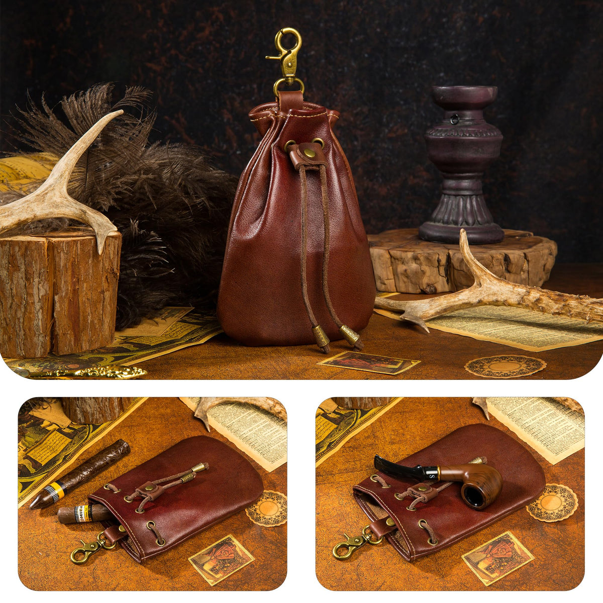CHULEAG Vintage Medieval Drawstring Belt Pouch, FULL-GRAIN Leather, handmade, portable coin&dice purse with keychain. (Big)