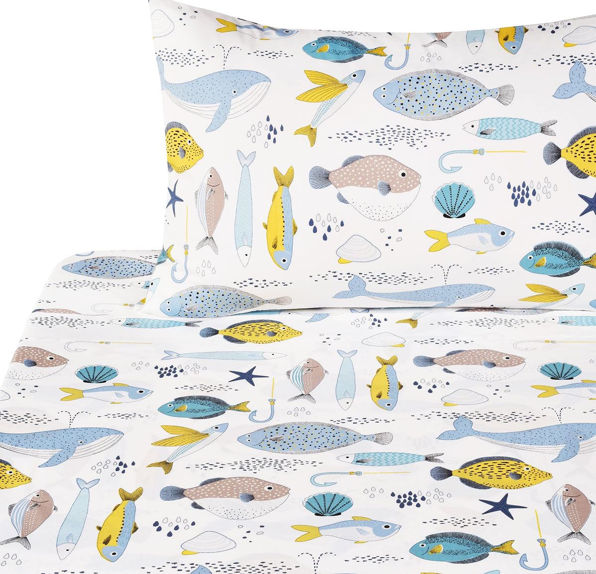 J-pinno Many Fish Sardine Pufferfish Flatfish Whale Ocean Sea Cartoon Twin Sheet Set for Kids Girls Boys Children 100% Cotton Flat Sheet + Fitted Sheet + Pillowcase Bedding Decoration Gift Set