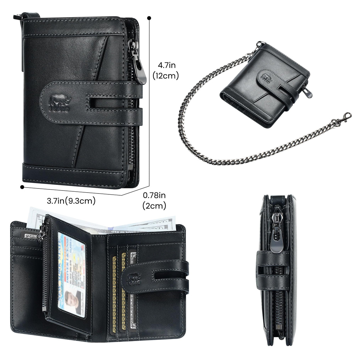 furid Genuine Leather Chain Wallet: Bifold Zipper Coin Pocket with Anti-Theft Chain - RFID Blocking Biker Wallet for Men - Gift for Father Husband Motorcycle Outdoor Use