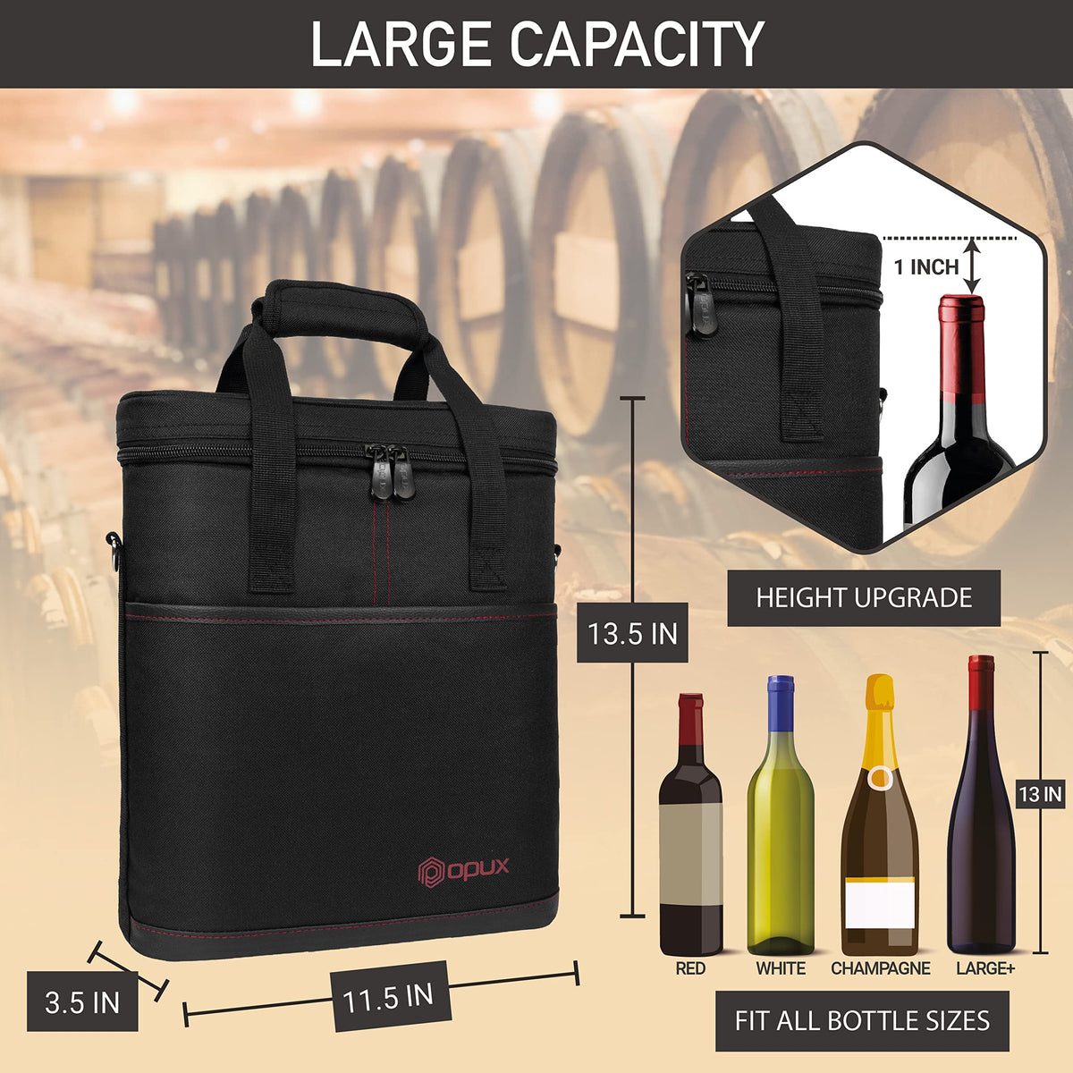 opux 3 Bottle Wine Carrier Tote, Insulated Leakproof Wine Cooler Bag, Wine Travel Bag Tote for Picnic BYOB Beach, Portable Wine Bottle Carrying Case, Gift for Wine Lover Women Men Christmas, Black