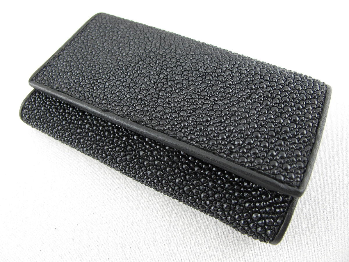 Pelgio Genuine Stingray Skin LeatherKeychain Key Holder Trifold Wallet Black (All Black)