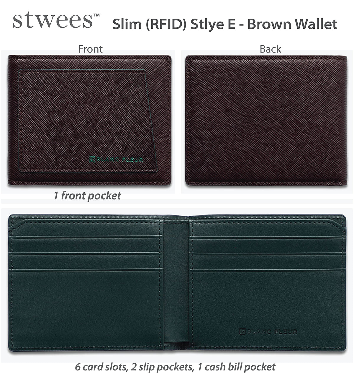 maskfactory stwees bifold leather wallets - Ultra slim, RFID, Front pocket, slim, ID window (Pocket style E, Brown)
