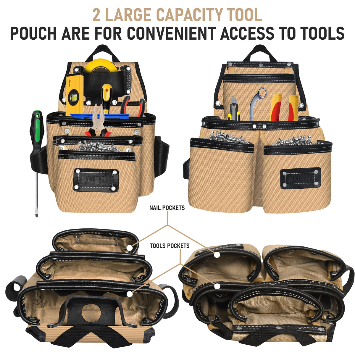 FUERI Electrician's Heavy Duty 26 Pocket Leather-Nylon Tool Belt & Suspender Combo, Comfort Back Support Padded Belt, 2 Large Storage Capacity Pouches, Best for Framers, Carpenter, Roofing