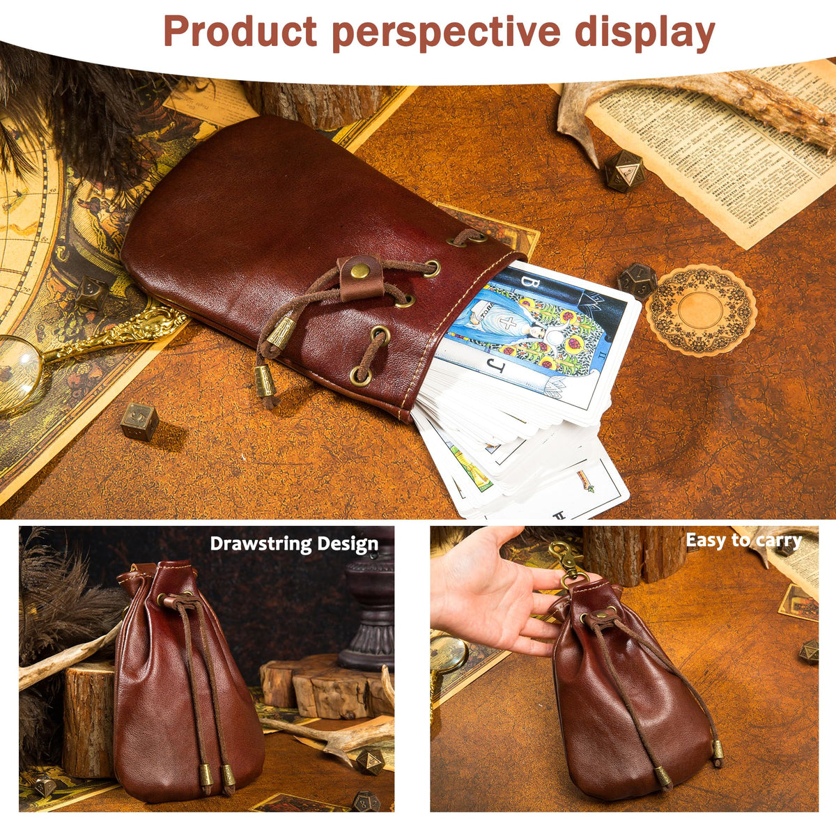 CHULEAG Vintage Medieval Drawstring Belt Pouch, FULL-GRAIN Leather, handmade, portable coin&dice purse with keychain. (Big)
