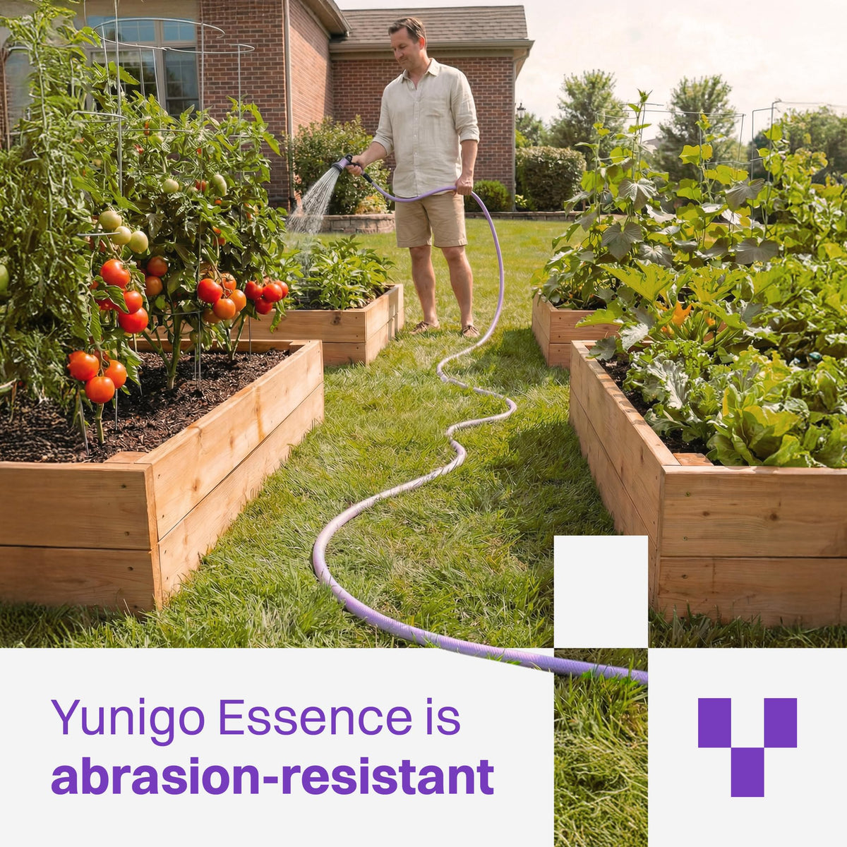 YUNIGO ESSENCE 5/8" 50ft Hybrid Purple Garden Hose – No-Kink Abrasion-Resistant with Durable Aluminum Fittings & Spray Nozzle, Ideal for Intensive Home & Garden Watering