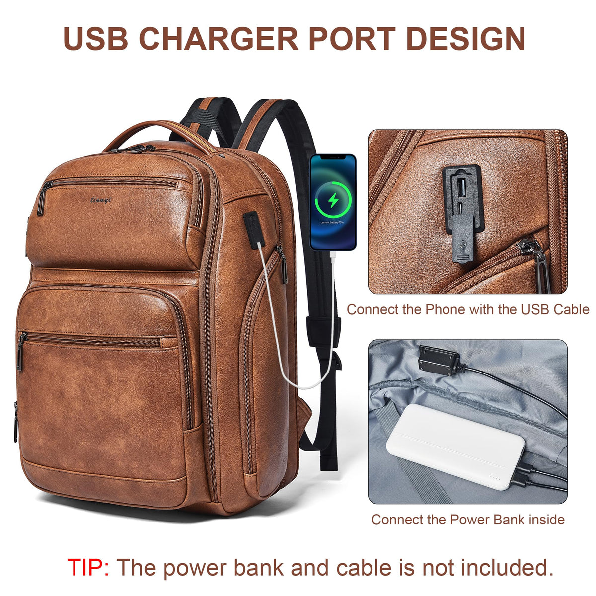 tiamyi Vegan Leather Backpack, 40L Expandable, TSA Travel Backpack for Men and Women, Fits 17.0 Inch Notebook with Luggage Strap and USB Port, Brown