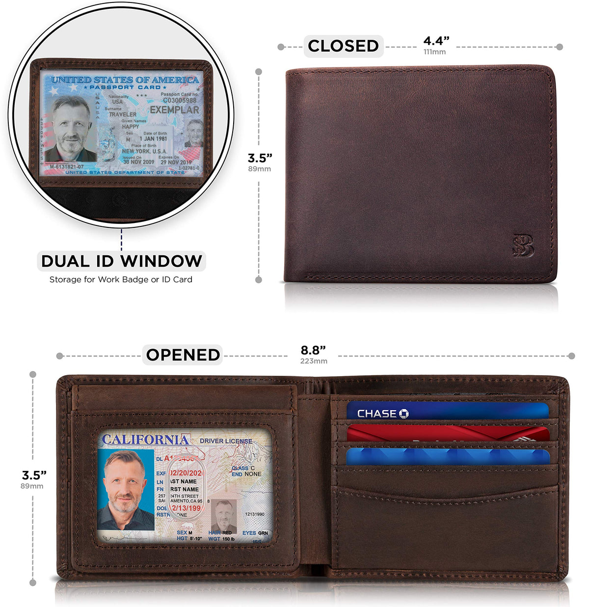 SERMAN BRANDS 2 ID Window Wallet for Men RFID Blocking Leather, Bifold Top Flip, Extra Capacity Travel Wallet (Texas Brown Executive)