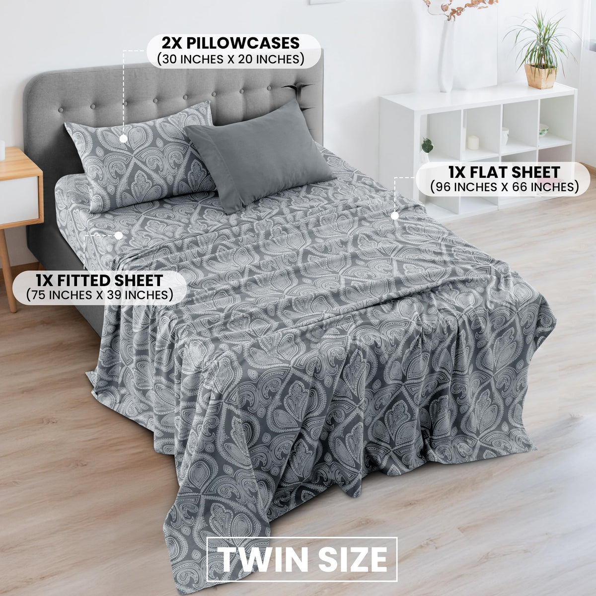 Ultra Soft Wrinkle-Free Microfiber Paisley Twin Sheet Set, Cute Floral Pattern Boho Print – 16" Deep Pocket Fitted Sheet, Flat Sheet & 2 Pillowcases, Breathable, OEKO-TEX - Grey