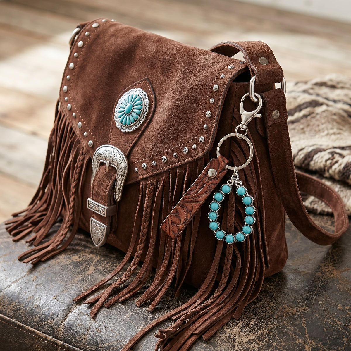 Kigeli 6 Pcs Western Keychain Vintage Embossed Cowhide Keychain Wristlet with Metal Charms Gifts for Women Men Antique PU Leather Key Ring for Keys Wallet Backpack Bag