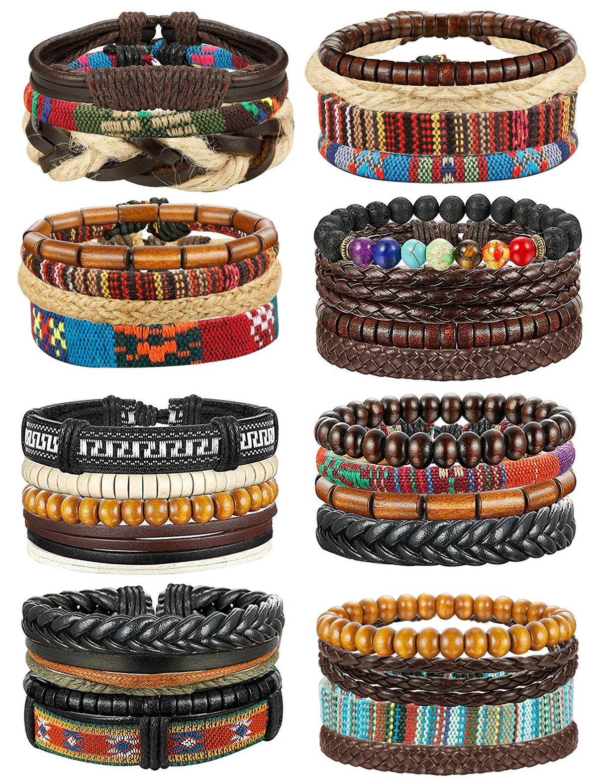 FIBO STEEL Braided Leather Bracelets for Men Women - Wooden Beads Cool Wrap Cuff Bracelets Mens Hemp Tribal Wristbands Punk Vintage Bracelet Set 31 Pcs