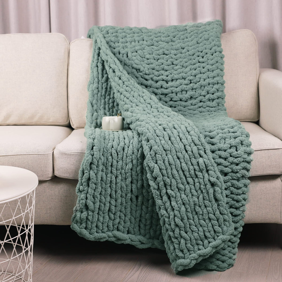 Carriediosa Chunky Knit Throw Blanket & Cable Knit Throw Blanket， 50" X 60" Sage Green