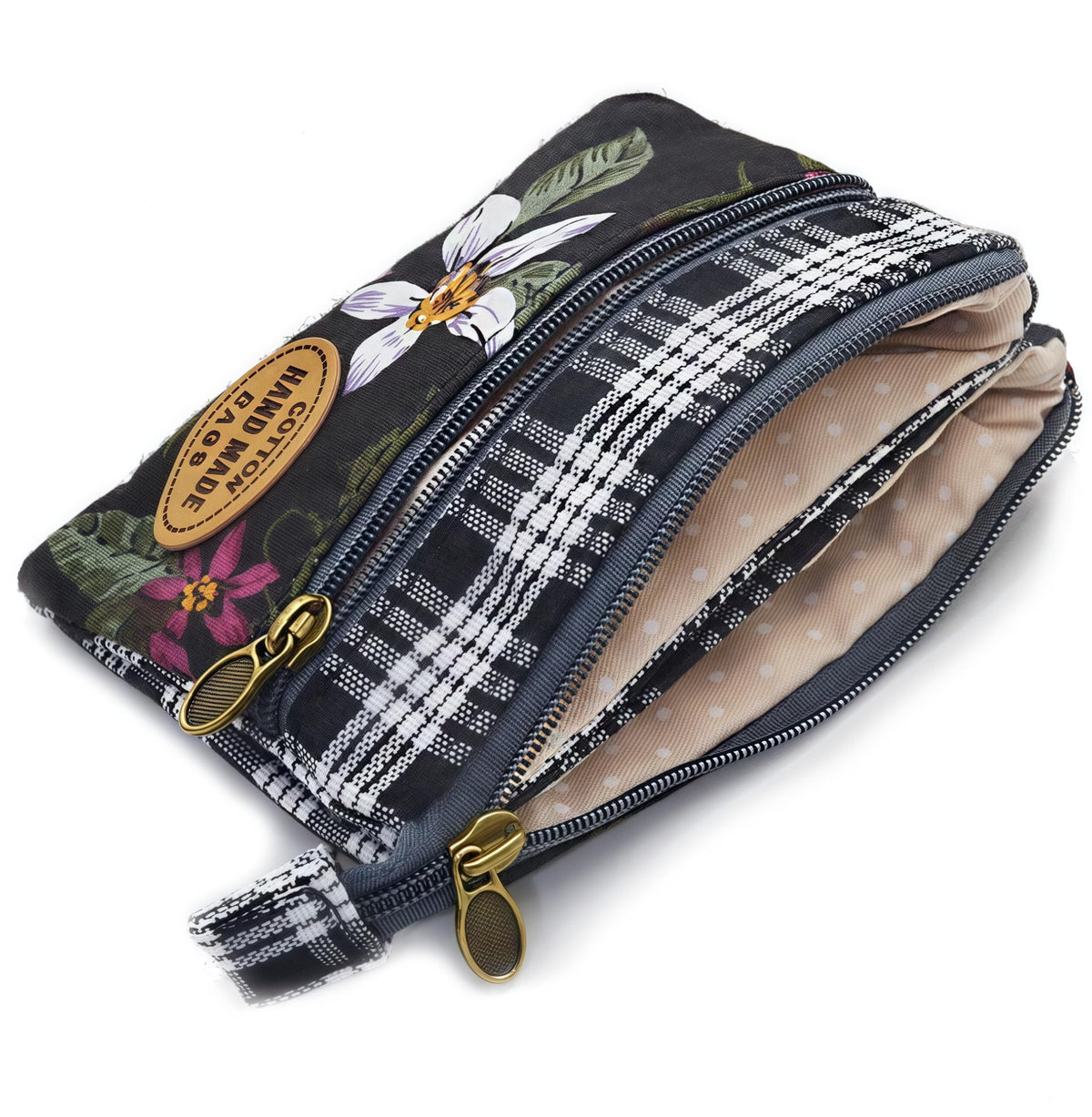 GUXL Women Small Zipper Coin Purse, Handmade Fabric Flower Embroidered Change Pouch, Cotton Double Zipper Wallet