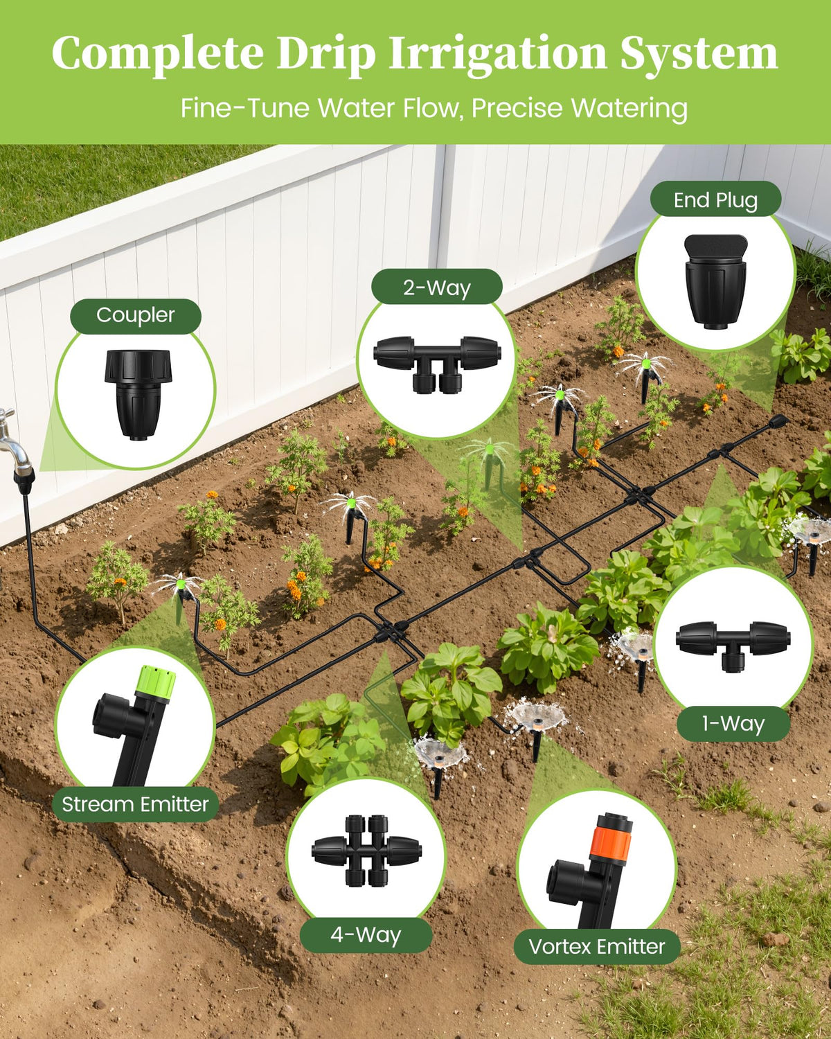 RAINPOINT Drip Irrigation System, Quick-Connect Garden Watering System Kit with Adjustable Emitters for Greenhouse, Garden Grid, Raised Bed, Potted Plants (15 ft Main Tubing + 25 ft Irrigation Tubing)