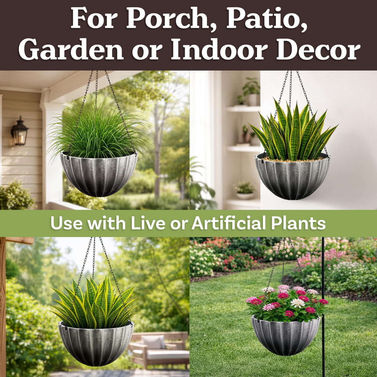 Hanging Planter 2-Pack - 10.25-Inch Durable Plastic Hanging Planters for Indoor Plants or Outdoor Porch Decor with 3 Drainage Holes and Removable Bottom Reservoir by Pure Garden (Gray)