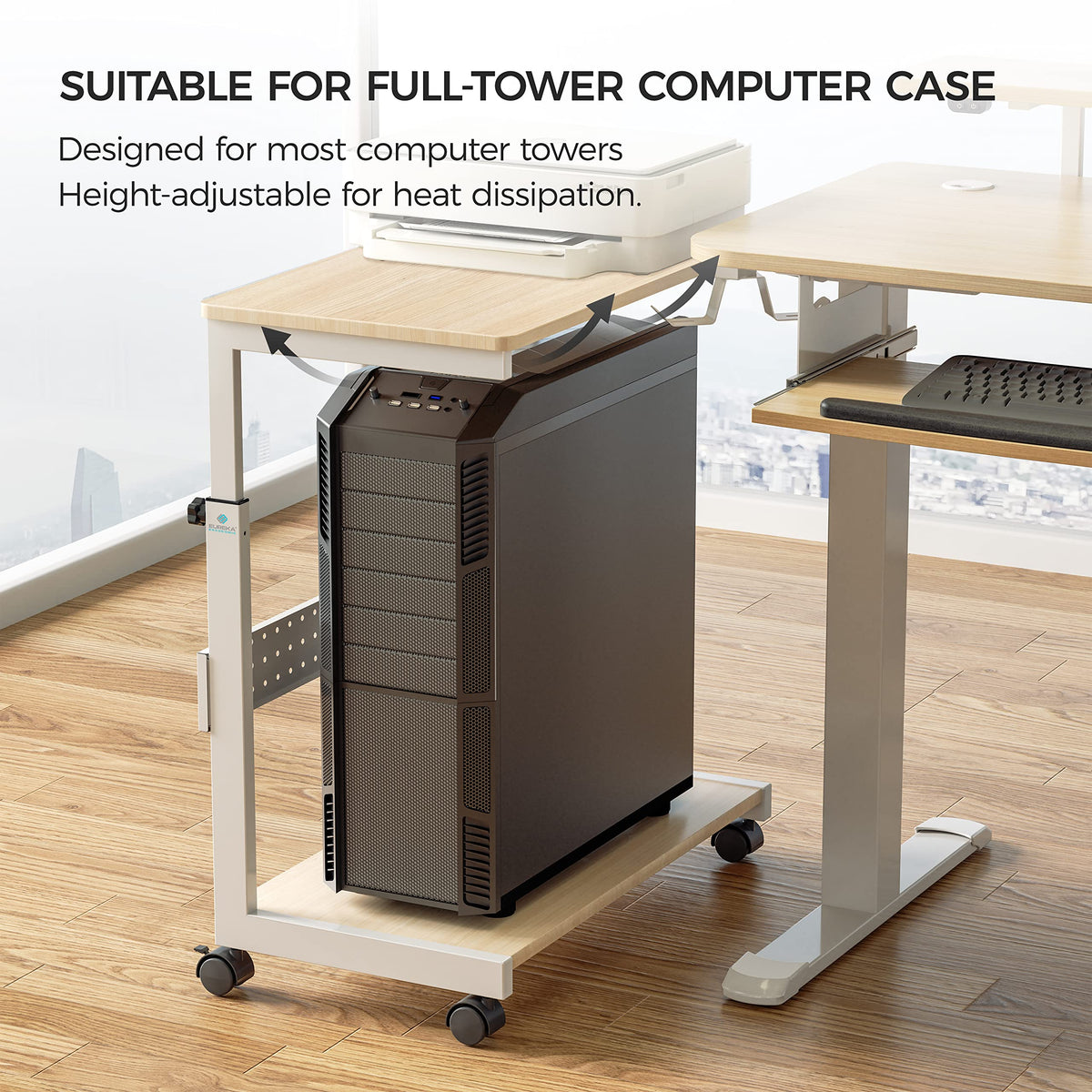 EUREKA ERGONOMIC PC Stand Computer Cart, Height Adjustable Tower Stand 2-Tier Suit for ATX Case Printer, Metal Rolling Cart on Wheels for Gaming Home Office, Maple