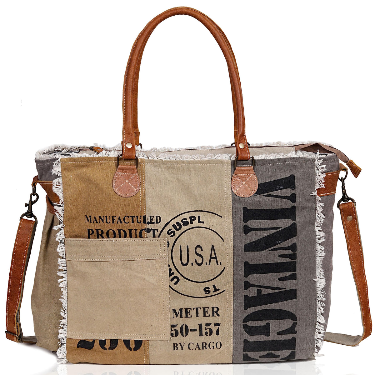 CLA Bags SEL de MER Large Upcycled Canvas & Cowhide Leather Crossbody Tote Handbag for Women (Cream & Grey Color)